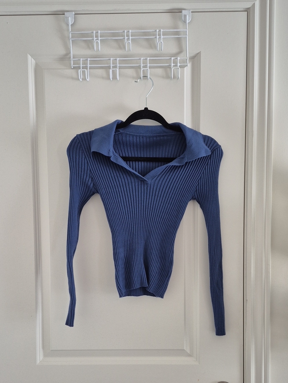 Ribbed Long Sleeve Collared Sweater - Blue